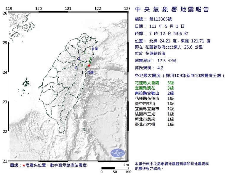 五一勞動節清晨花蓮連兩震。   圖/中央氣象署