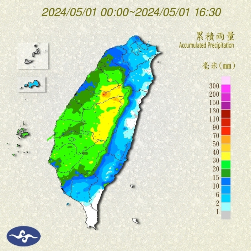 根據中央氣象署資料，台中市稍來累積雨量已達88毫米，台中市雪嶺也有77毫米。   圖：翻攝自中央氣象署臉書