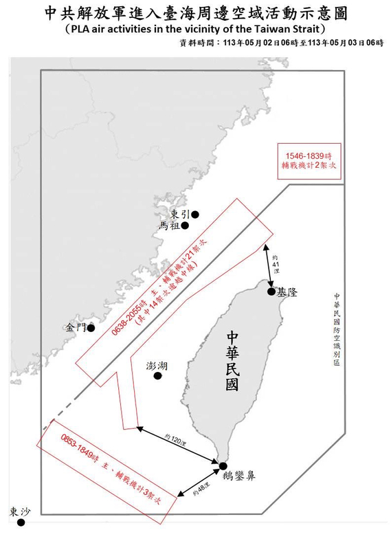 國防部公布中共解放軍進入台海周邊空域活動示意圖   圖：國防部提供