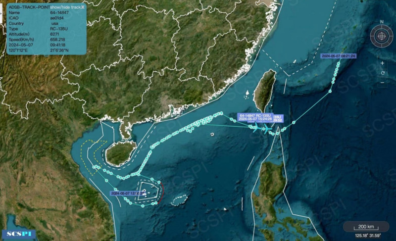 中國智庫「南海戰略態勢感知計劃平台」稱7日美軍RC-135U電子偵察機沿廣東、海南海岸線進行偵察。   圖：翻攝「X」@SCS_PI