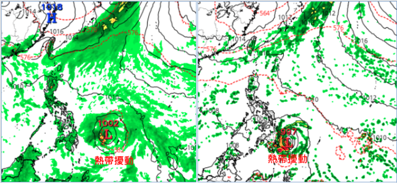 最新美國〔GFS(左圖)〕及加拿大〔CMC(右圖)〕模式，模擬下週一(13日20時)海平面氣壓圖顯示，菲律賓東方海面有「熱帶擾動」發展，但兩者模擬位置、強度差異大。   圖：翻攝自老大洩天機專欄