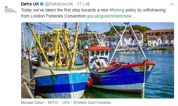 英國環境部在推特上表示，英政府將退出《倫敦漁業公約》。   圖：翻攝Defra UK‏推特