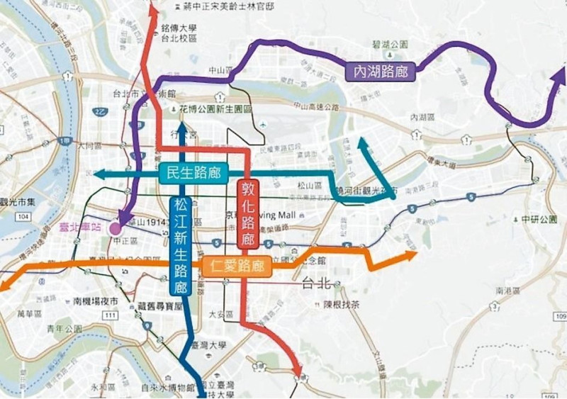 明 (5) 日起，台北市推出「類捷運」幹線公車，包含仁愛幹線（經板橋）、松江新生幹線（經新店）、內湖、敦化、民生等共計5線幹線。   圖：台北市交通局/提供
