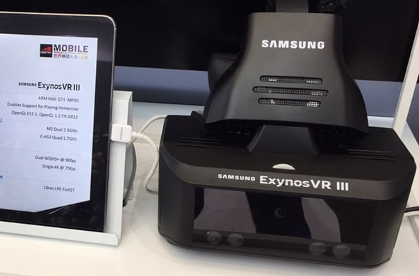 Samsung預計推出的Exynos VR III，據稱其搭載了眼部追蹤系統，左方平板列出了可能搭載的規格。   圖：翻攝自Sammobile