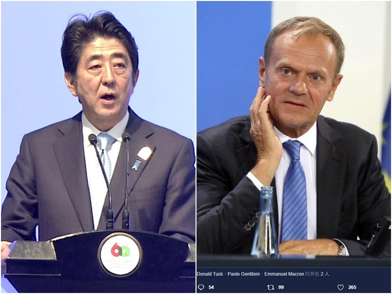 日本首相安倍晉三（左）將與歐洲理事會主席圖斯克（右），在會談時正式決定經濟夥伴協定（EPA）架構協議。（左圖／中央社檔案照片；右圖／取自圖斯克推特twitter.com）   