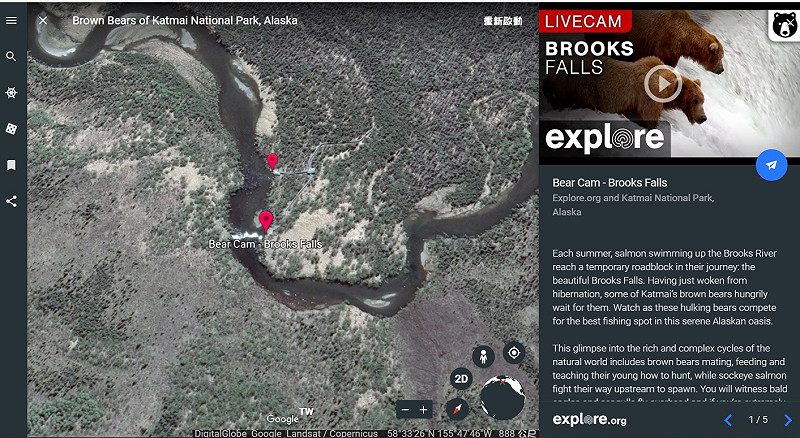 使用方法相當簡單，就像使用地圖一樣，透過Google Earth找到地點後，假如當地有直播便能直接點進去看！   圖：翻攝自Google Earth