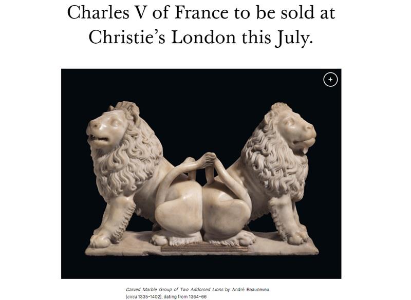 法國國王查理五世陵墓的1座大理石獅子雕像，原被認為在法國大革命期間失蹤不見，6日在倫敦拍賣會上以935萬英鎊（約新台幣3億7905萬元）落槌。   圖 : 取自佳士得網站www.christies.com