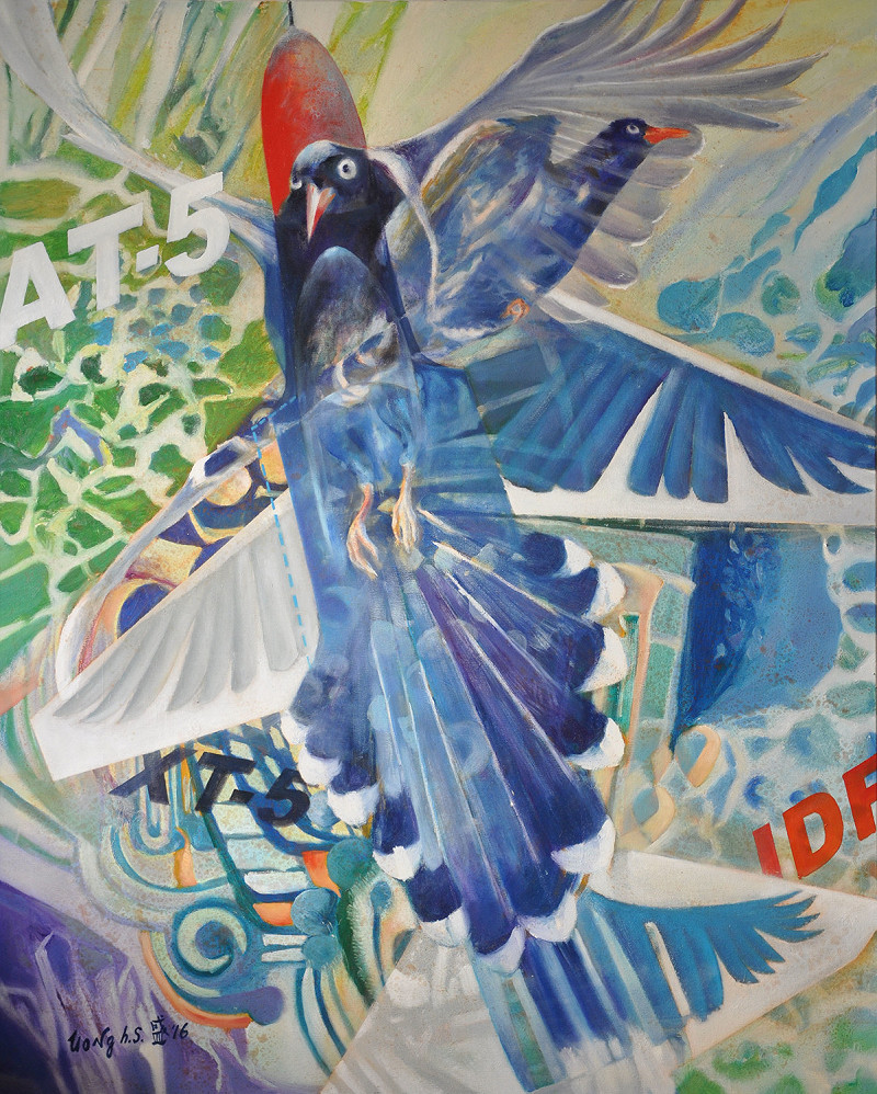 「航空畫家」翁鴻盛〈臺灣藍鵲高教飛〉以藍鵲仰頭衝天表達飛機衝破天際的美感。   圖：大墩文化中心／提供