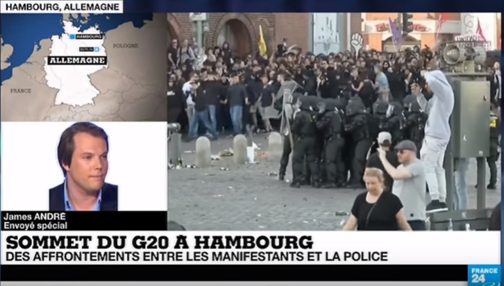 20國集團（G20）漢堡峰會展開之前再傳暴力事件。   圖：翻攝FRANCE 24畫面