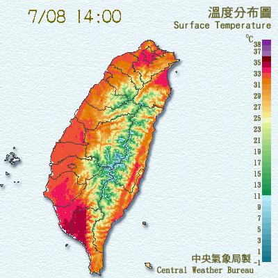 高溫部分，南部地區最高溫也達到35度，從溫度分布圖上來看，台灣變成烤番薯一片紅。   圖：翻攝中央氣象局