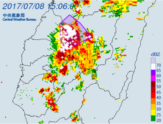 中央氣象局8日針對台中市、彰化縣、南投縣、雲林縣發布大雷雨即時訊息，持續時間至16時15分止。   圖：翻攝中央氣象局