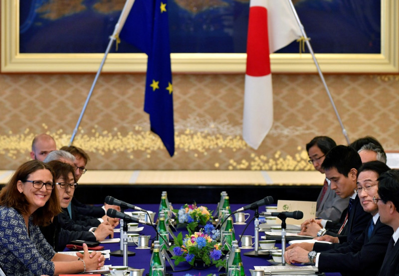 歐盟與日本在Ｇ20高峰會議舉行前夕，正式共同宣布日歐經濟夥伴關係協定（EPA）達成協議。   圖：達志影像/路透社