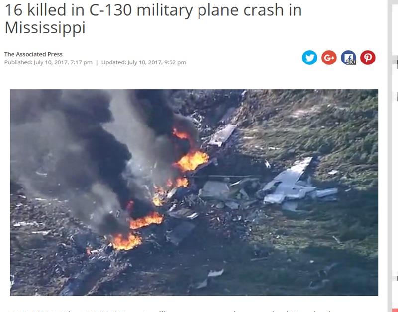 美軍陸戰隊1架加油機墜毀於密西西比州，造成機上16人喪生。    圖 : 翻攝自kxan網站kxan.com