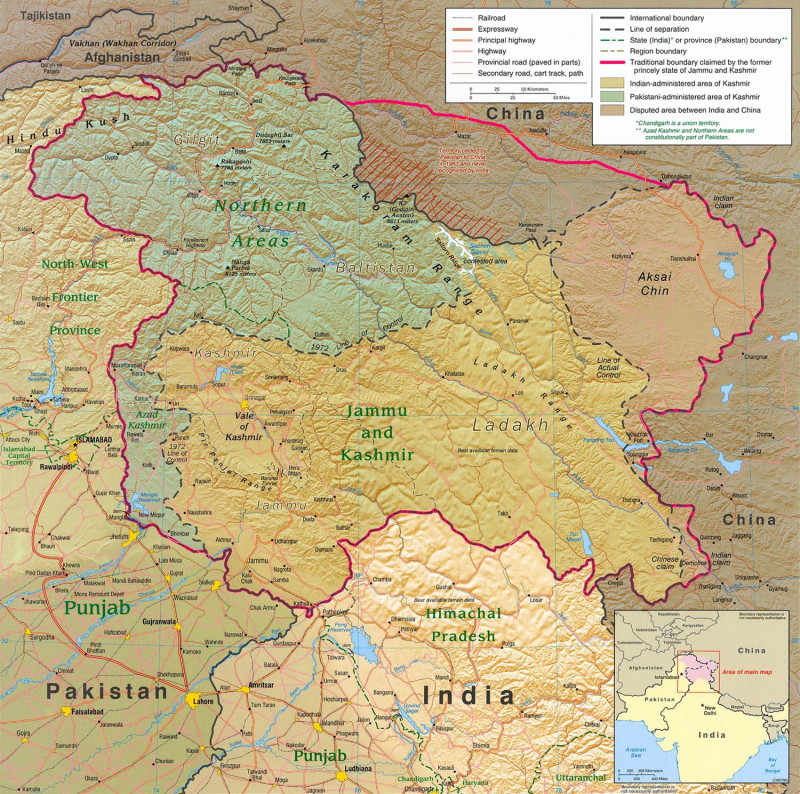 喀什米爾地區一直以來都是兵家必爭之地，包括印度、巴基斯坦與中國，都有控制區域。   圖：翻攝維基網站