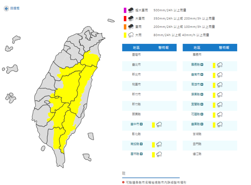 今日氣象署對10個縣市發布大雨特報。   圖：取自中央氣象署