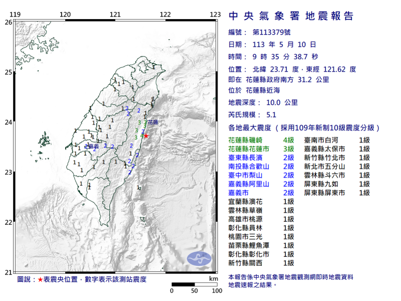 自403地震後，大小餘震不斷，今日上午又連續發生3起有感地震。   圖：中央氣象署／提供