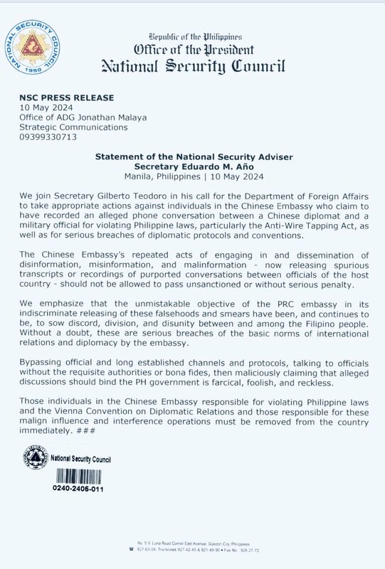菲律賓國家安全顧問安約發表聲明呼籲驅逐中國外交官。   圖：翻攝「X」@jaytaryela