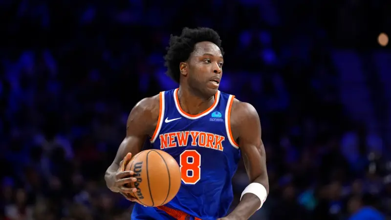 ▲NBA紐約尼克主力前鋒OG Anunoby，自G2傷到腿筋之後，系列賽下一場G5將會繼續缺席，也使得尼克可用之兵越來越少。（圖／美聯社／達志影像）   