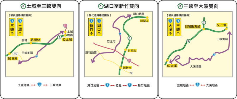 國道11條替道道路中，有7條短途替代道路，圖為北部地區的替代道路，共有3條。   圖：高速公路局／提供