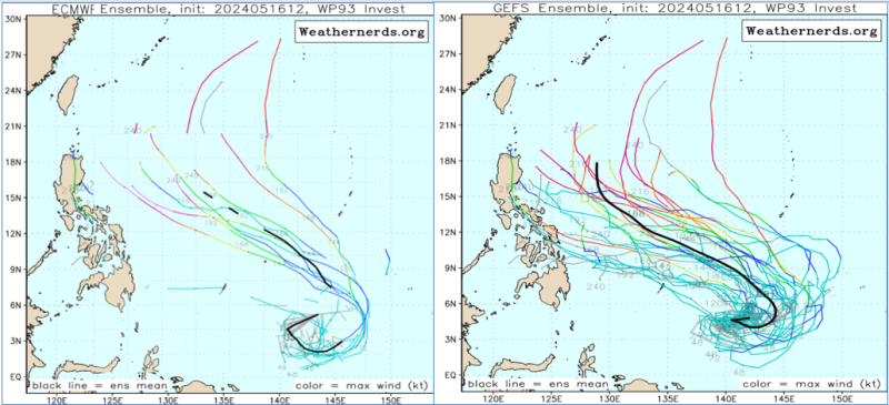 未來一週至10天，在菲律賓東方海面有熱帶擾動醞釀（左圖），發展緩慢，美國(GFES)系集模式也有類似的模擬，仍需持續觀察。   圖：翻攝自老大洩天機專欄