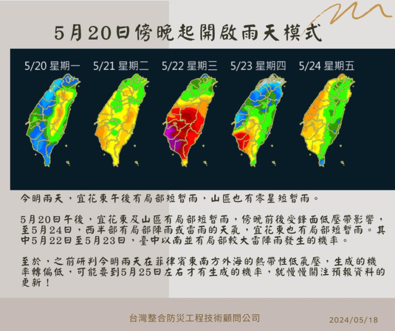 5/20至5/24降雨趨勢。   圖：取自賈新興臉書