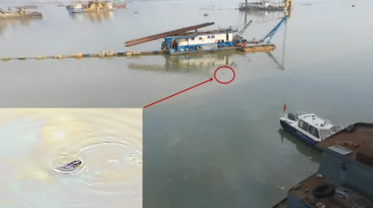 督察人員發現，違規疏浚船隻發生漏油事故，一頭小江豚被困油污區域。   圖：翻攝自生態環境部微信公眾號