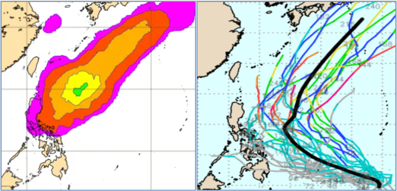 最新(19日20時)歐洲(ECMWF)系集模式(左圖)及美國(GEFS)系集模式(右圖)皆模擬，未來一週至10天，在菲律賓東方海面有「熱帶擾動」發展的機率。   圖：翻攝自老大洩天機專欄