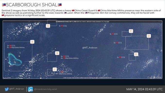 中國為了應對菲律賓的行動，在黃岩島鄰近海域組成了三條封鎖線，防止菲律賓民間船隻靠近。   圖：翻攝自 @MT_Anderson X 帳號