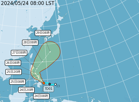 最快在明天，於菲島東部外海的熱帶性低氣壓TD01就會增強為今年第1號颱風「艾維尼」。   圖：取自中央氣象數