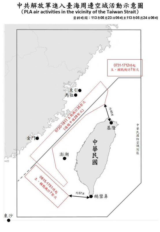 國防部公布「中共解放軍進入台海周邊空域活動示意圖」。   圖：國防部提供