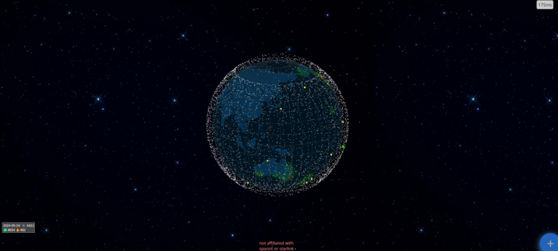 星鏈互聯網衛星和覆蓋範圍的即時視圖。   圖 : 翻攝自網站Live Starlink Satellite and Coverage Map