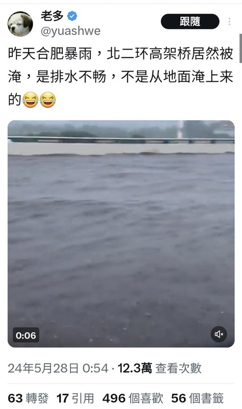 網友發布合肥高架淹水影片   圖 : 翻攝自 X