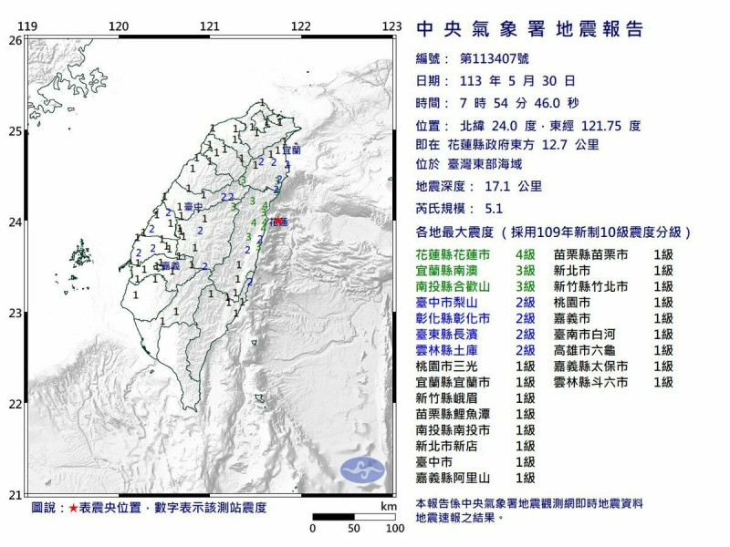 台灣東部海域今（30）天上午7點54分發生芮氏規模5.1地震。   圖：氣象署提供