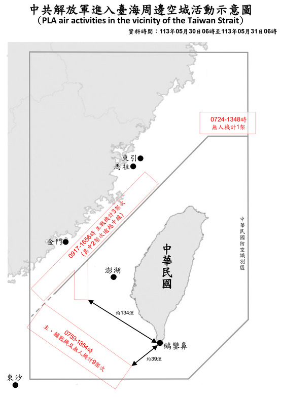  國防部公布中共解放軍進入臺海周邊海、空域活動示意圖 圖：國防部提供 