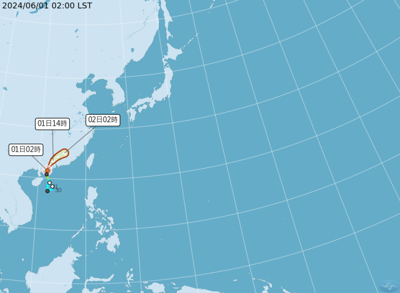 根據氣象署路徑潛勢預測圖顯示，第2號颱風馬力斯登陸廣東，受地形破壞，將迅速減弱為熱帶低壓，並再轉變為鋒面帶上的氣旋。   圖片來源:氣象署