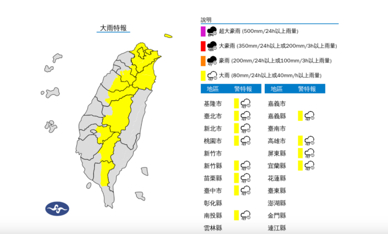 今(1)日桃園以南山區及大台北、宜蘭地區有局部大雨發生的機率。   圖：翻攝自中央氣象署官網
