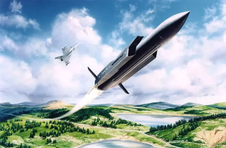 MBDA公司發布的ASMP-A空射核飛彈由「陣風」系列戰鬥機發射後的飛行模擬圖。 圖:翻攝自騰訊網
