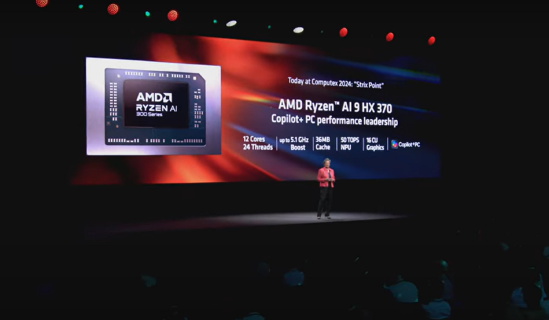 AMD 日前在 COMPUTEX 展覽中展示了針對 Microsoft Copilot+ PC 設計的 Ryzen AI 300 筆記型電腦晶片，該款晶片不支援 Windows 10，只能執行 Windows 11。   圖：翻攝自 COMPUTEX 直播畫面