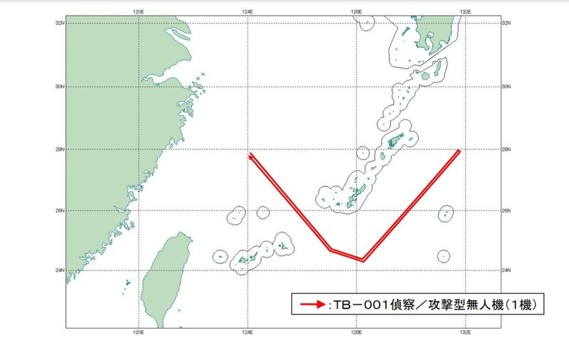 日本防衛省統合幕僚監部通報，6月4日一架中國軍用「雙尾蠍」TB-001偵察/攻擊無人機從東海穿過沖宮水道進入太平洋，再沿著沖繩島鏈東側北上直至奄美大島，最後循原路折返。   圖：翻攝mod.go.jp