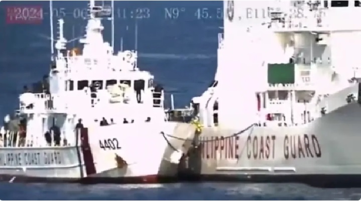 消息指出，菲律賓兩艘海警船停泊在仙賓礁潟湖內，持續至今已近 50 日。   圖：翻攝自 湘評中外