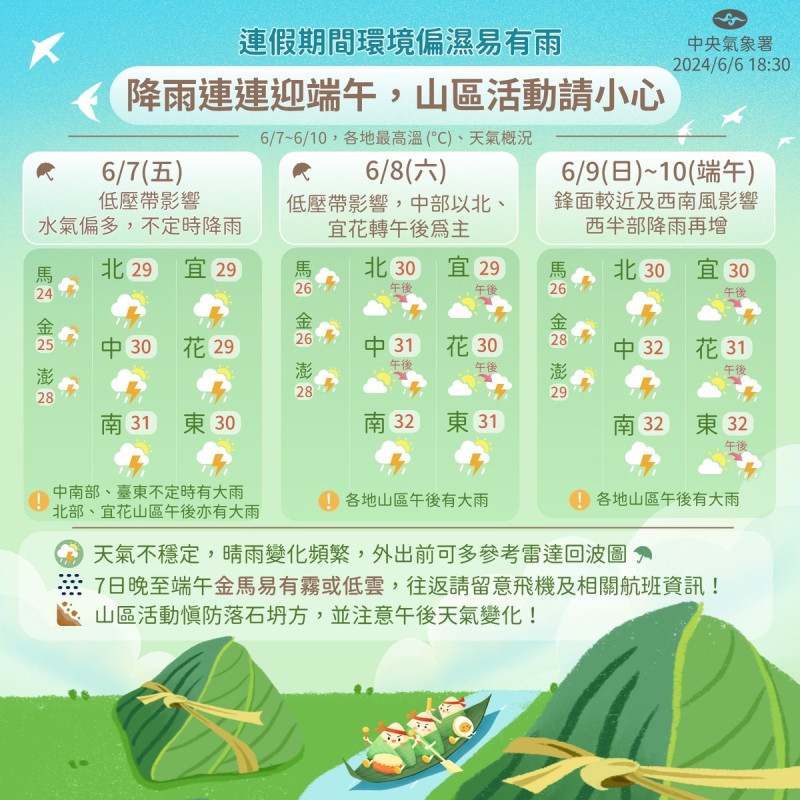 6/8~6/10整個端午連假山區午後也較容易出現大雨。   圖片來源/氣象署