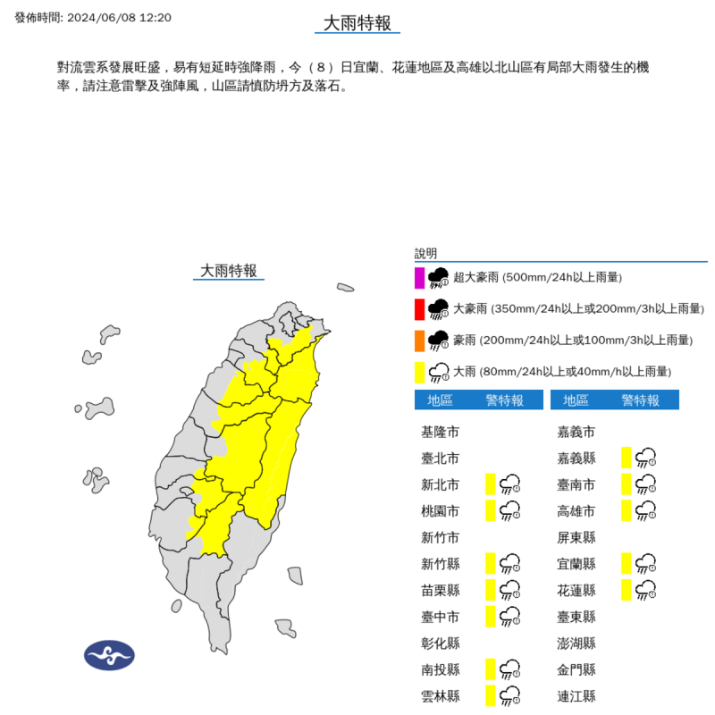 因對流雲系發展旺盛，氣象署中午時發布大雨特報！   圖：翻攝自氣象署網站