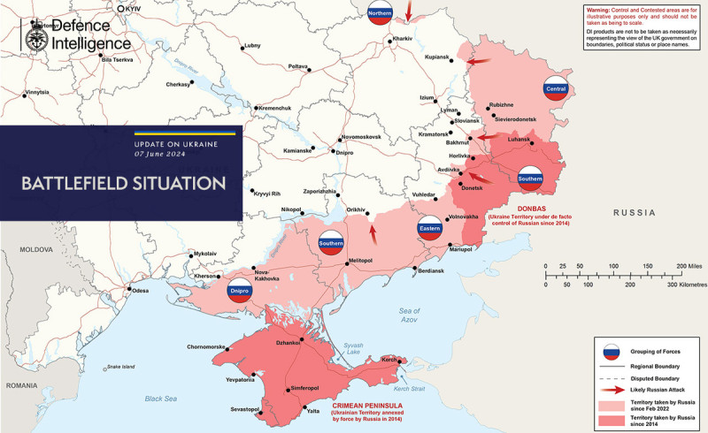  俄軍對哈爾科夫的攻擊反而導致烏軍可以解除限制攻打其境內目標 圖：翻攝自英國國防部Ｘ帳號公布的最新戰局地圖　 