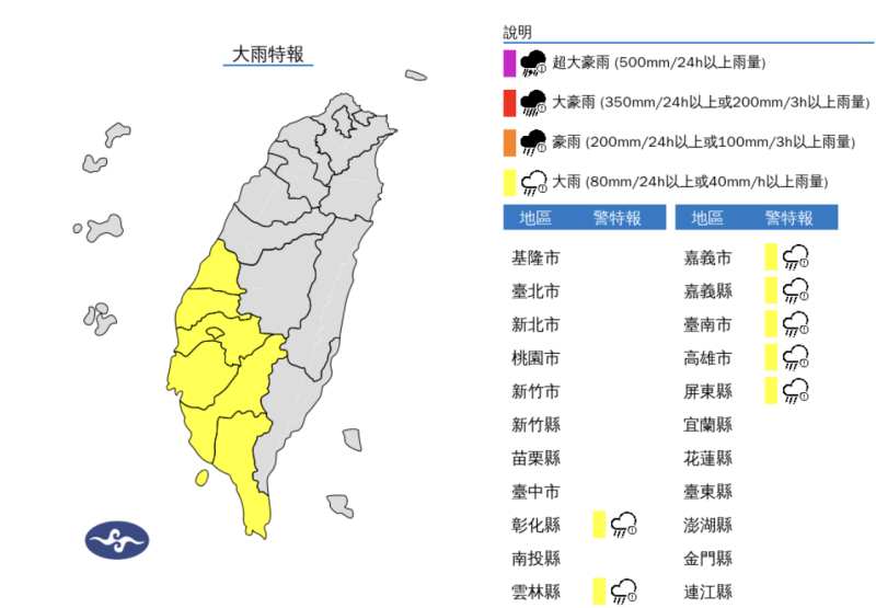 西南風影響，易有短延時強降雨，今(10)日彰化以南地區有局部大雨發生的機率，請注意雷擊及強陣風。   圖片來源/氣象署