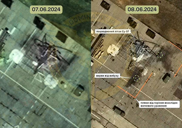 6 月 7 日，這架蘇-57 完好無損，8 日，該飛機出現彈坑和攻擊引發火災的痕跡。   圖：烏克蘭國防部