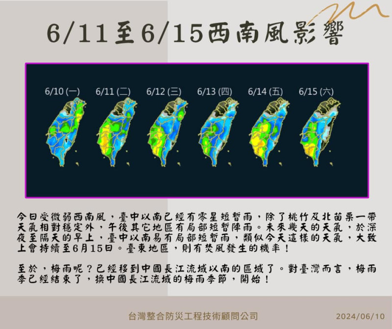 氣象專家賈新興表示，本週至週六西南風影響，午後有局部短暫陣雨，至於梅雨季台灣已經結束。   圖：翻攝自賈新興臉書