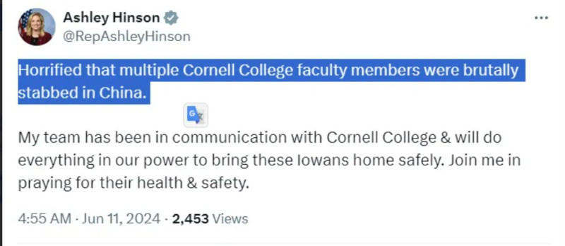愛荷華州聯邦眾議員辛森在社群媒體X（前推特）表示，4名學院人員被殘忍砍殺。   圖：翻攝推特