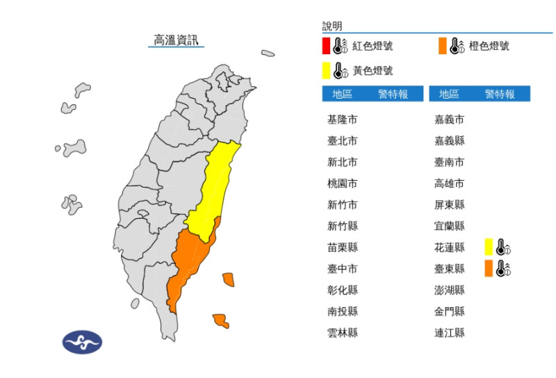 氣象署發布2縣市高溫警戒，台東縣橙色燈號、花蓮縣黃色燈號。   圖/氣象署提供