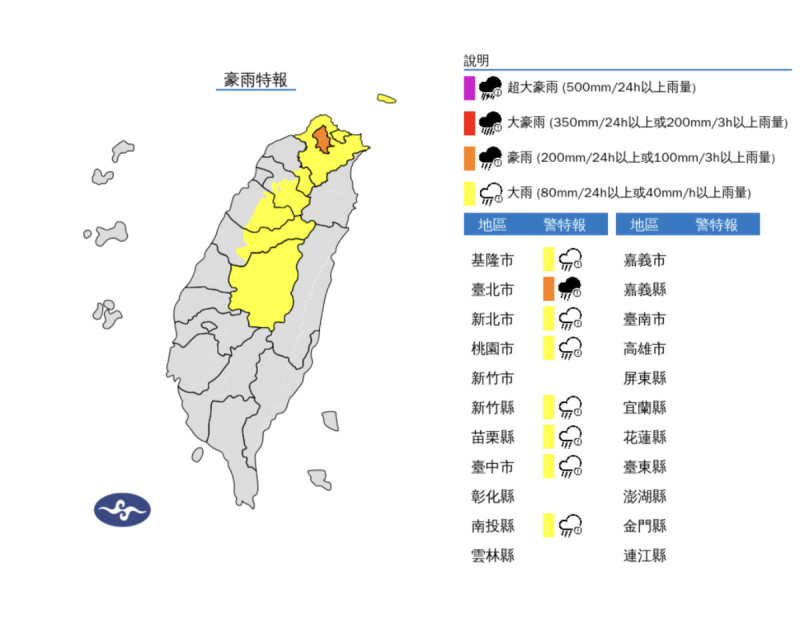 台北市發布豪雨特報，三區列淹水警戒。   圖：翻攝自中央氣象署官網