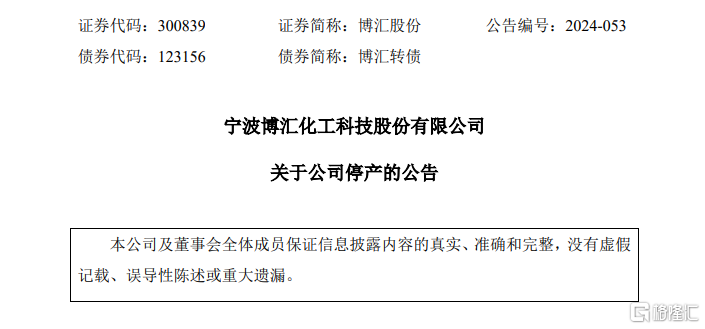 寧波博匯化工科技股份有限公司近期發布停產公告。